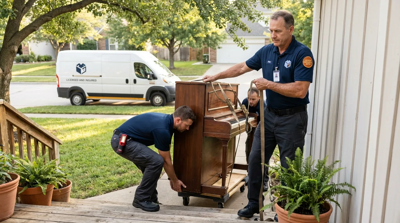 Licensed piano movers securing grand piano in Chanhassen, MN