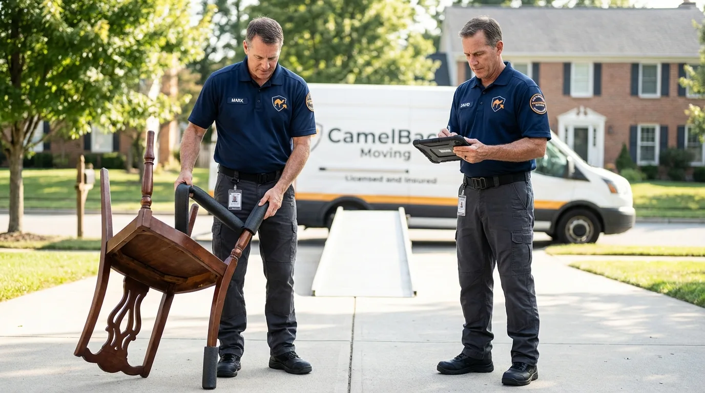 Movers inspecting furniture for damage prevention before loading in Chanhassen, MN