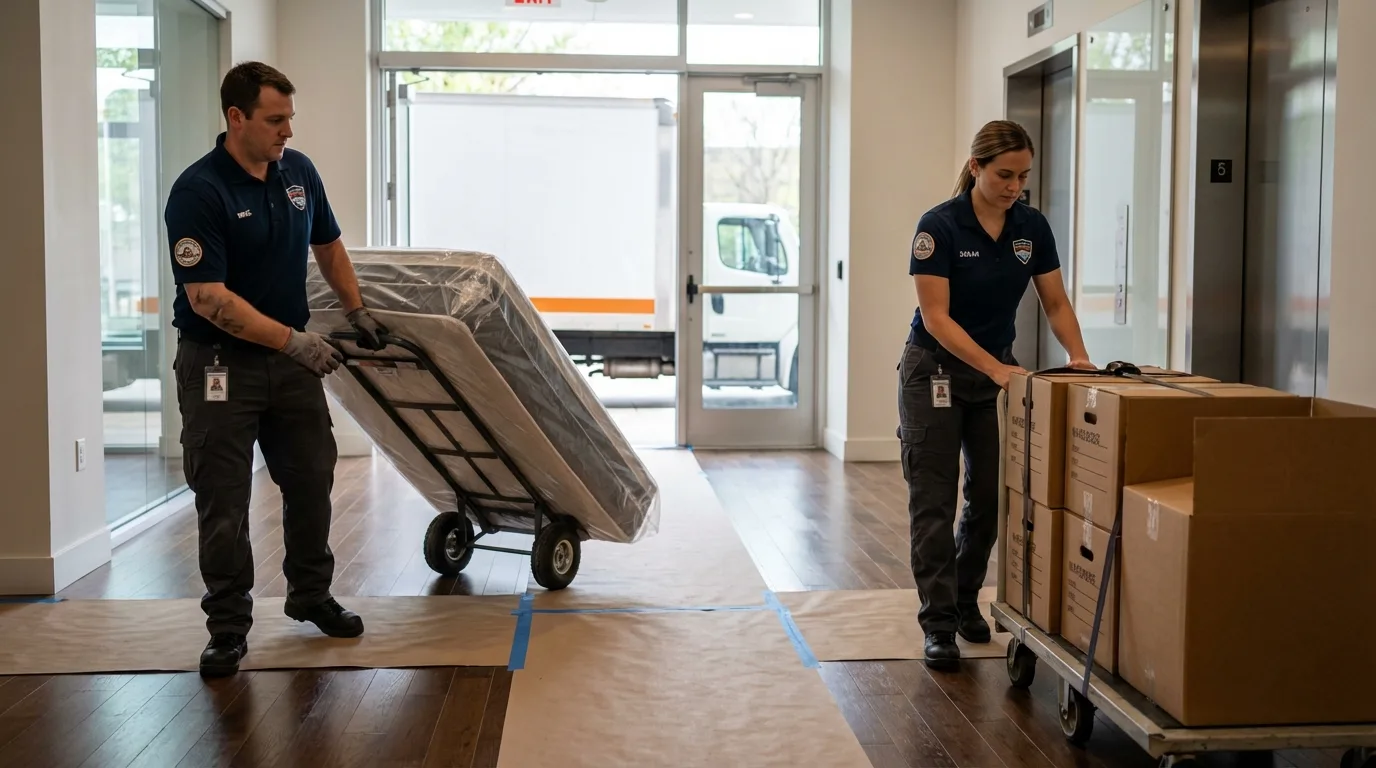Professional apartment movers loading elevator in Chanhassen, MN