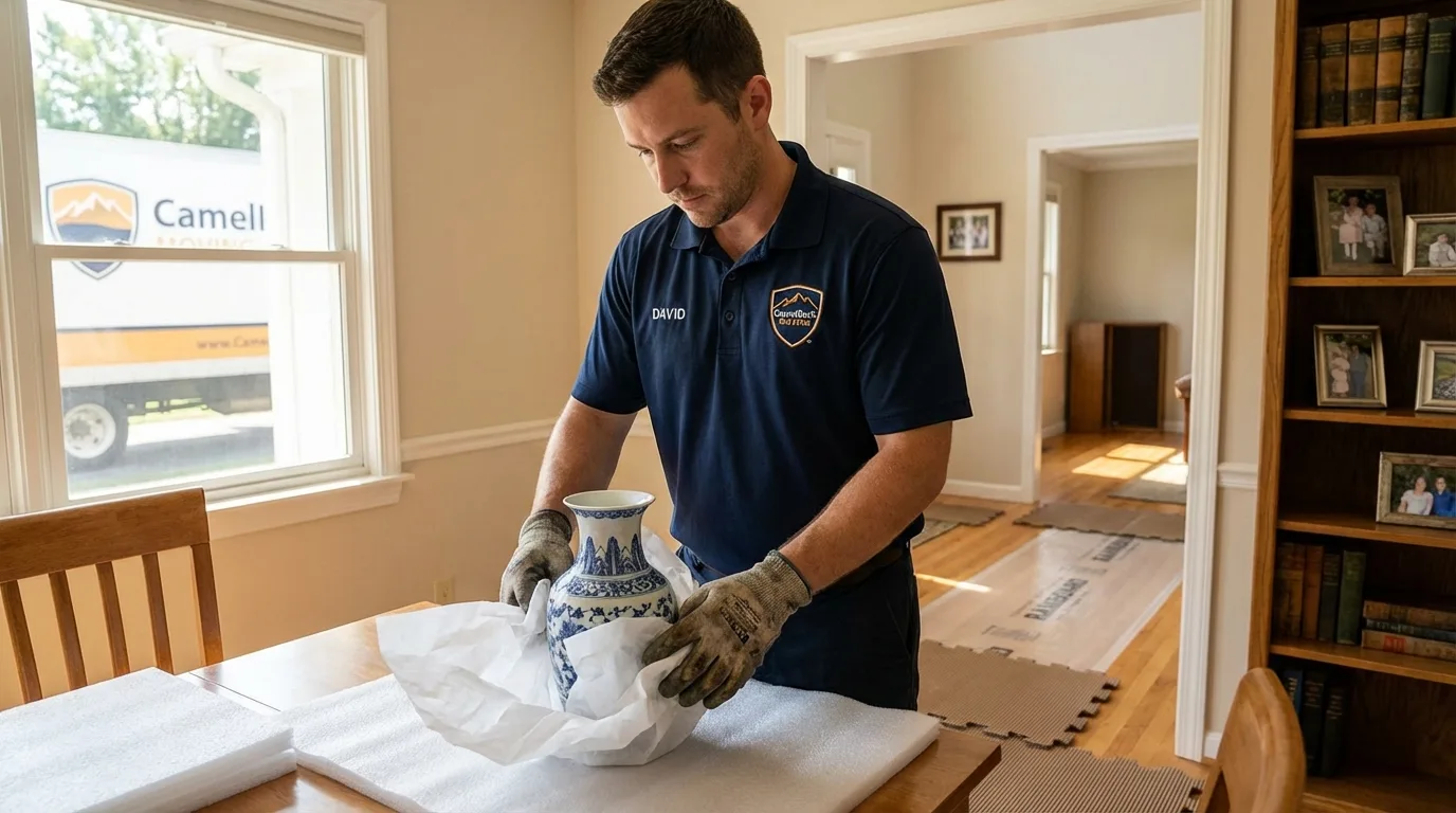 Professional crew carefully wrapping antique vase for senior downsizing move in Chanhassen, MN
